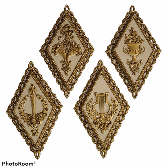 Vintage 70s Homco gold cream wall plaques four classical motifs 8 x 14 - Picture 1 of 7